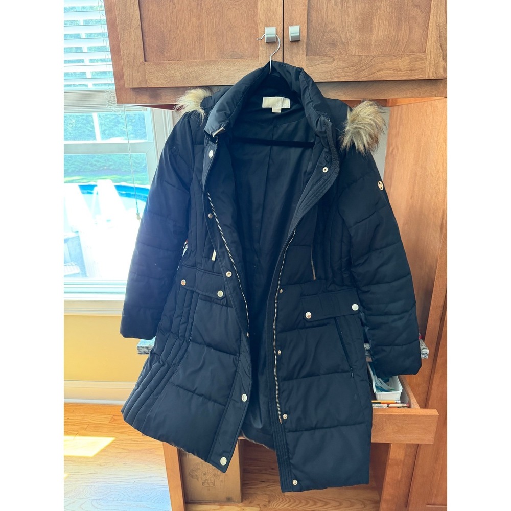 Michael Kors Black Down Alternative Puffer Parka Coat Faux Fur Hood Size Women L